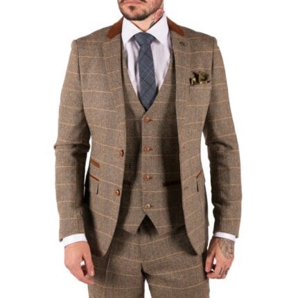 Mens Check Vintage Herringbone Tweed Tan Brown 3 Piece Suit Slim Fit Wedding - Knighthood Store