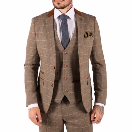 Mens Check Vintage Herringbone Tweed Tan Brown 3 Piece Suit Slim Fit Wedding - Knighthood Store