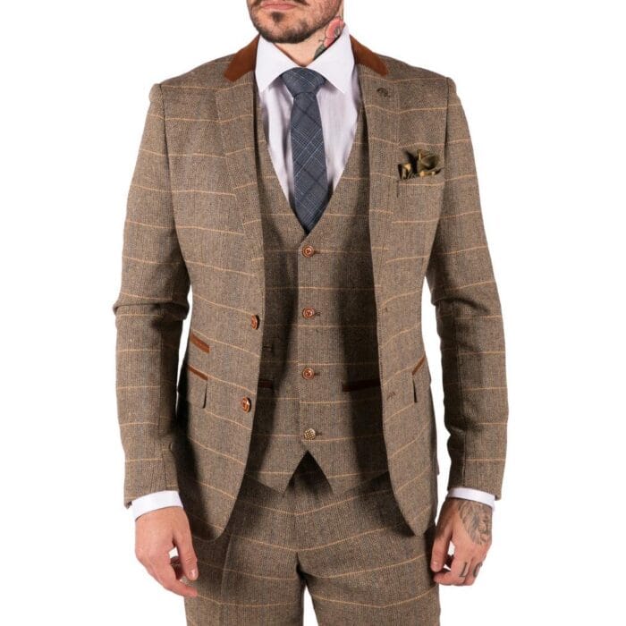 Abito da uomo a 3 pezzi in tweed a spina di pesce vintage a quadri, marrone chiaro, vestibilità slim fit, da matrimonio - Knighthood Store