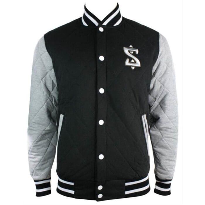 Chaqueta acolchada estilo bomber de béisbol universitario, negra, con brazos grises y coderas - Tienda Knighthood
