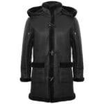 Mens Genuine Shearling Sheepskin Duffle Coat WW2 UK Winter 3/4 Leather Hood - Knighthood Store