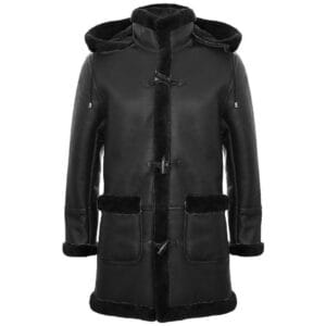 Mens Genuine Shearling Sheepskin Duffle Coat WW2 UK Winter 3/4 Leather Hood - Knighthood Store