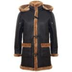 Mens Genuine Shearling Sheepskin Duffle Coat WW2 UK Winter 3/4 Hood Brown Ginger - Knighthood Store