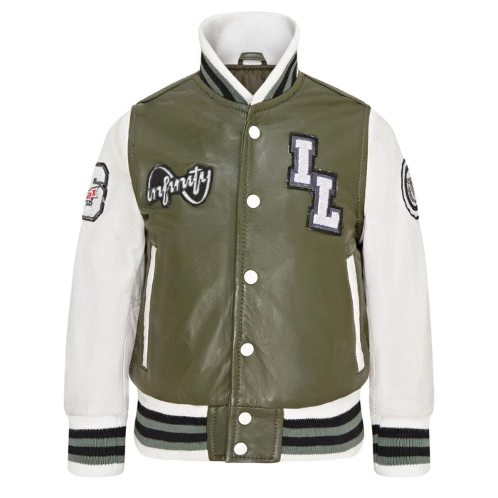 Kids Olive Green Genuine Leather Bomber Jacket Baseball Letterman Coat - Image 1