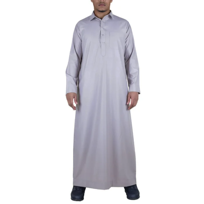 Mens Thobe Jubba Turn Down Collar Islamic Muslim Cotton Kaftan Dress Robe Arabic - Image 1