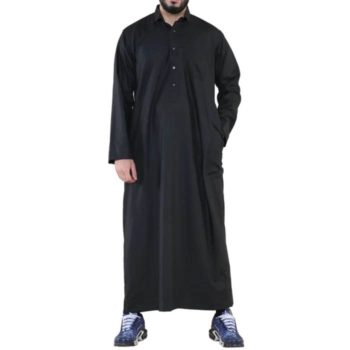 Mens Thobe Jubba Turn Down Collar Islamic Muslim Cotton Kaftan Dress Robe Arabic - Image 7