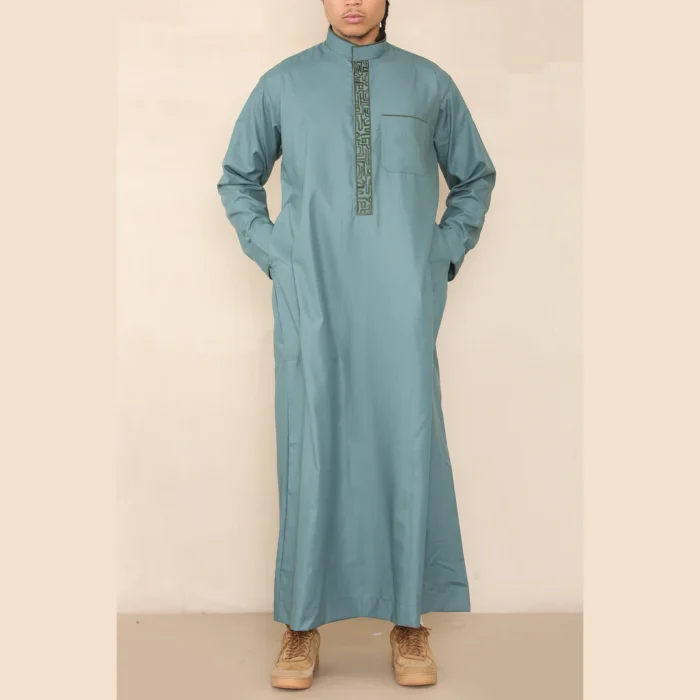 Mens Thobe Jubba Nehru Stand Collar Islamic Clothing Muslim Cotton Kaftan Embroidery Eid Robe Saudi - Image 35