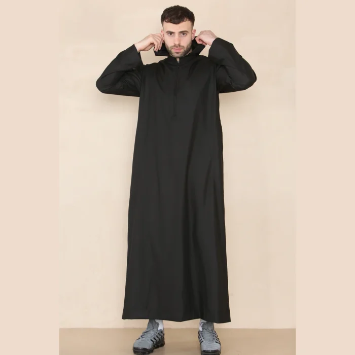 Mens Hooded Thobe Hood Jubba Nehru Stand Collar Islamic Clothing Muslim Kaftan Robe Saudi Slim Regular Fit - Image 5