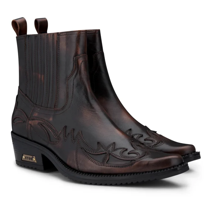Mens Black Brown Slip On Ankle Boots Vintage Genuine Leather Cowboy Riding Pattern Wincklepickers Cuban Heel - Image 2