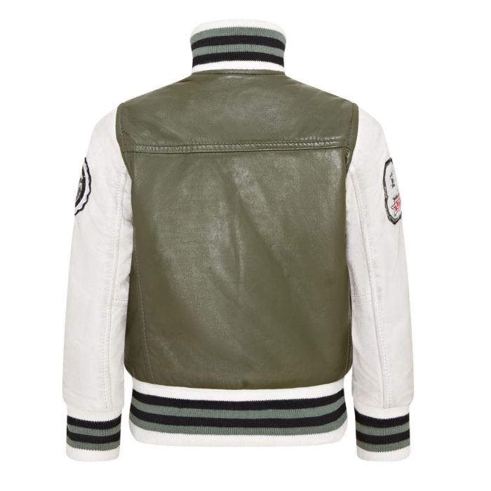 Kids Olive Green Genuine Leather Bomber Jacket Baseball Letterman Coat - Image 4