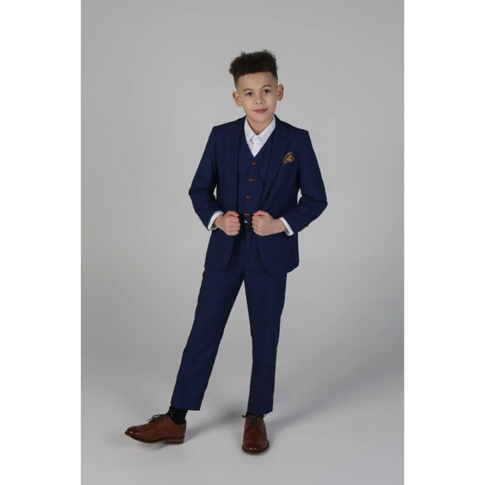 Boys Blue Brown Check 3 Piece Suit Wedding Prince Of Wales - Image 1