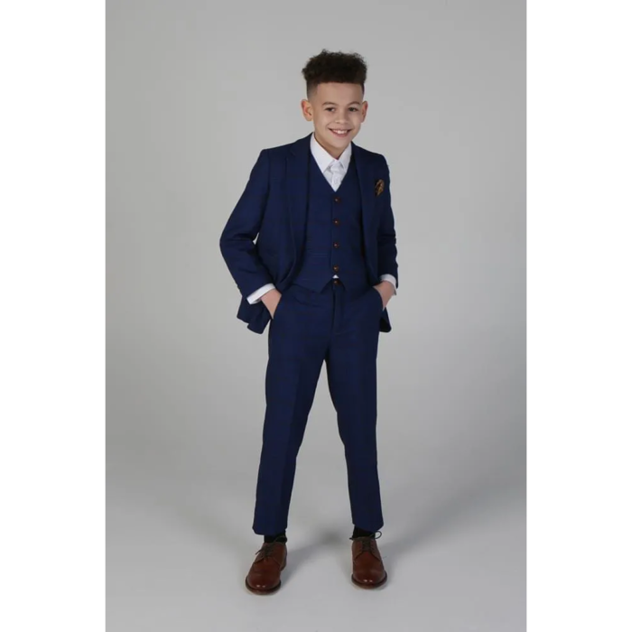 Boys Blue Brown Check 3 Piece Suit Wedding Prince Of Wales - Image 2