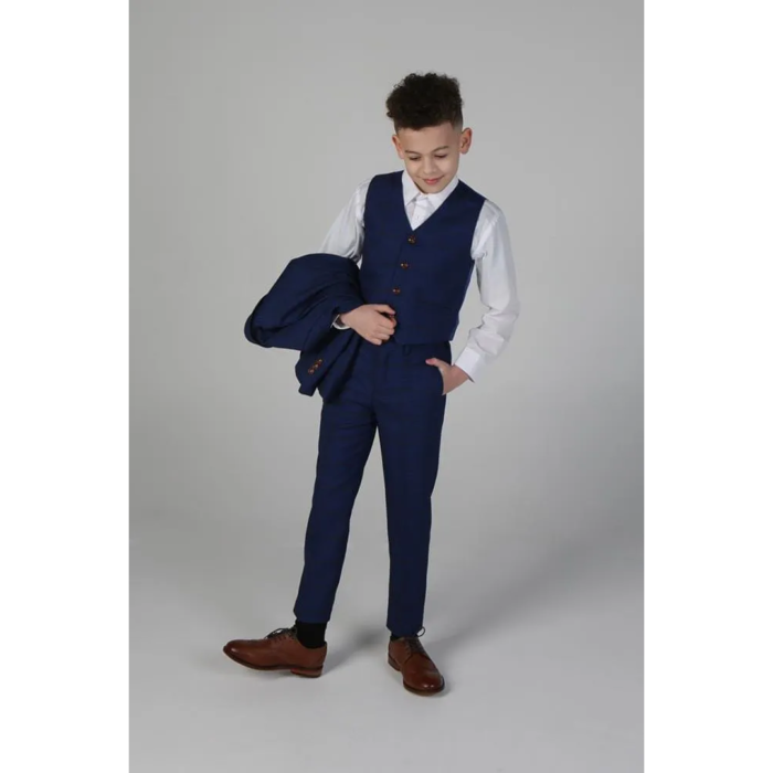 Boys Blue Brown Check 3 Piece Suit Wedding Prince Of Wales - Image 6