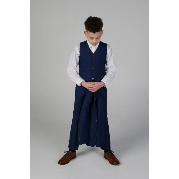 Boys Blue Brown Check 3 Piece Suit Wedding Prince Of Wales - Image 5