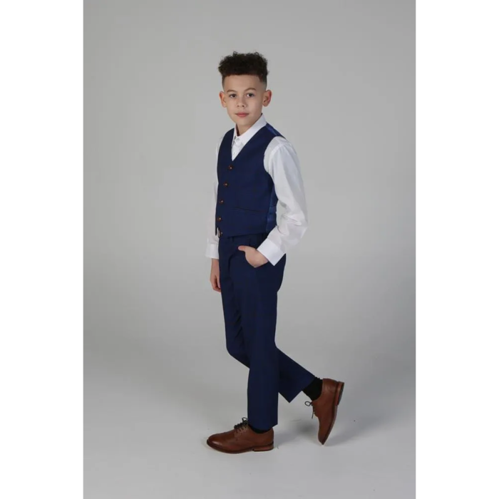 Boys Blue Brown Check 3 Piece Suit Wedding Prince Of Wales - Image 4