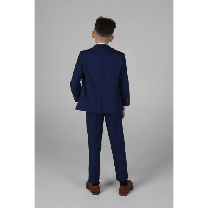 Boys Blue Brown Check 3 Piece Suit Wedding Prince Of Wales - Image 3