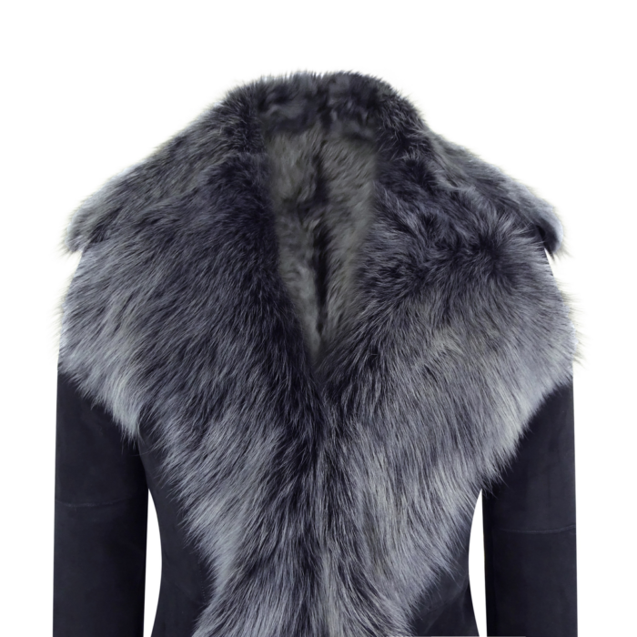 Black Grey 3/4 Length Ladies Suede Real Toscana Sheepskin Coat Tailored Fit - Image 4