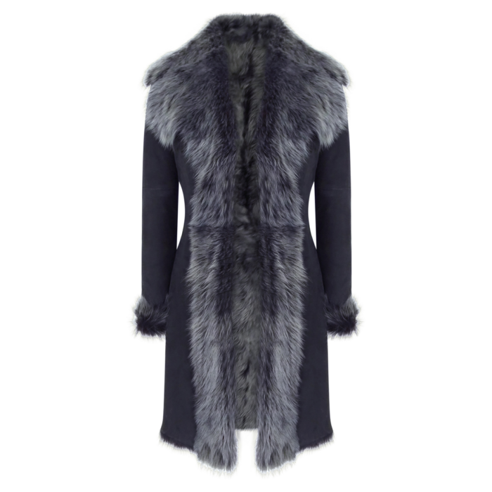 Black Grey 3/4 Length Ladies Suede Real Toscana Sheepskin Coat Tailored Fit - Image 5