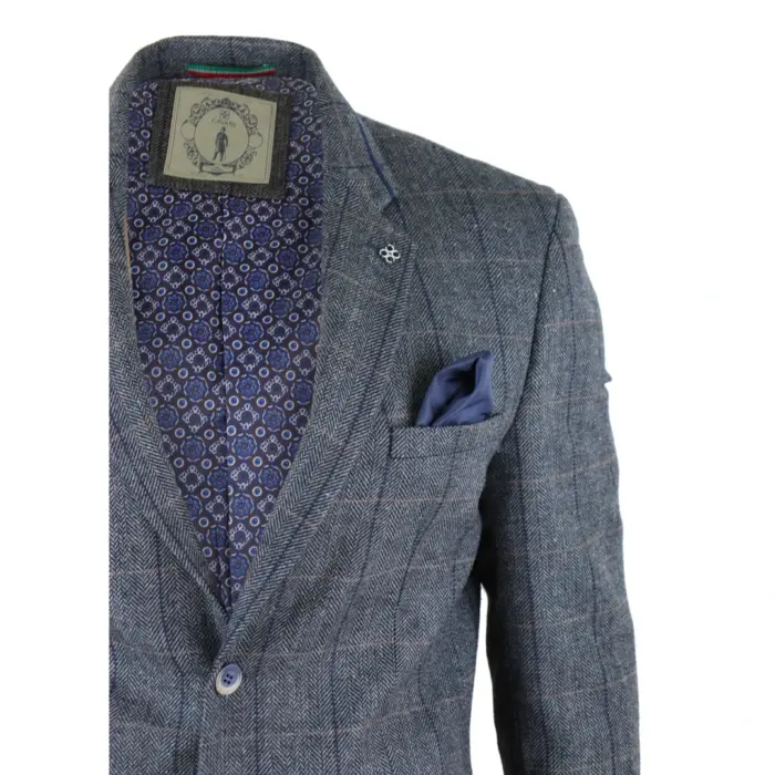Mens Tweed Herringbone Check Grey Navy Brown Vintage Fit Blinders Blazer - Image 2