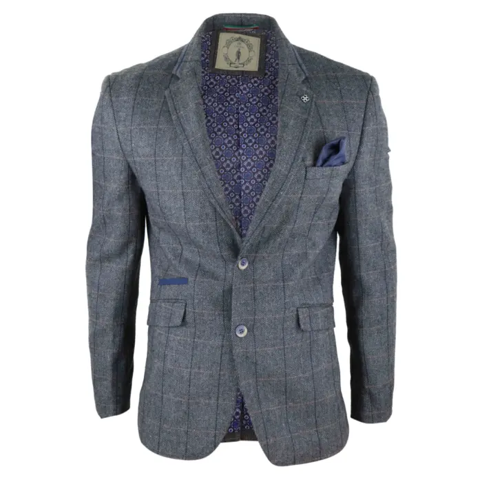 Mens Tweed Herringbone Check Grey Navy Brown Vintage Fit Blinders Blazer - Image 1