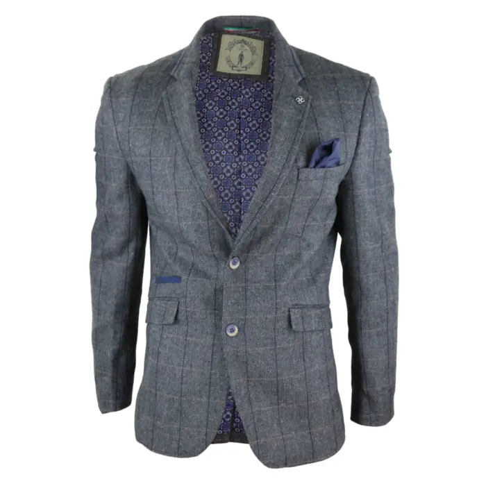 Mens Tweed Herringbone Check Grey Navy Brown Vintage Fit Blinders Blazer - Image 3