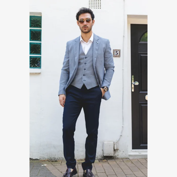 Mens 3 Piece Suit Grey Navy Contrasting Classic Summer Tailored Fit Regular Check - Image 2