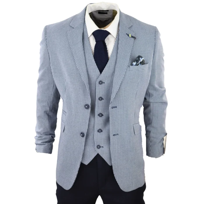 Mens 3 Piece Suit Grey Navy Contrasting Classic Summer Tailored Fit Regular Check - Image 1
