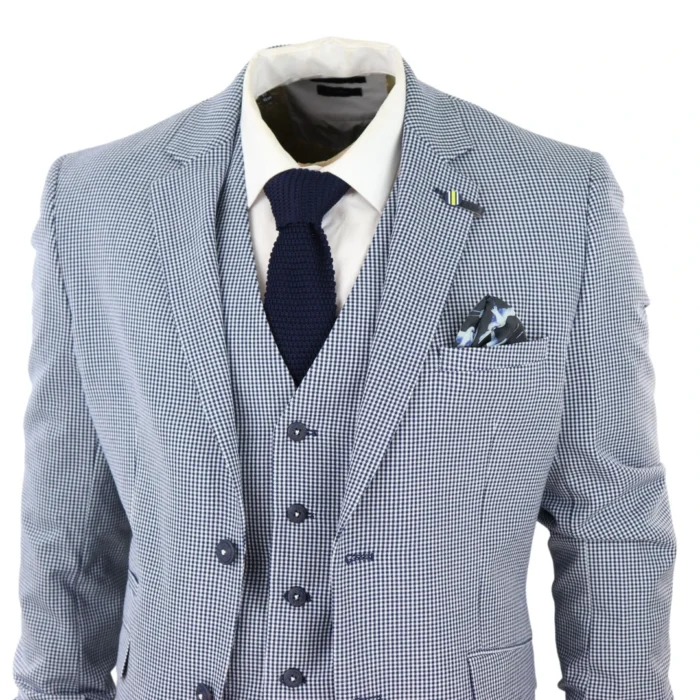 Mens 3 Piece Suit Grey Navy Contrasting Classic Summer Tailored Fit Regular Check - Image 4