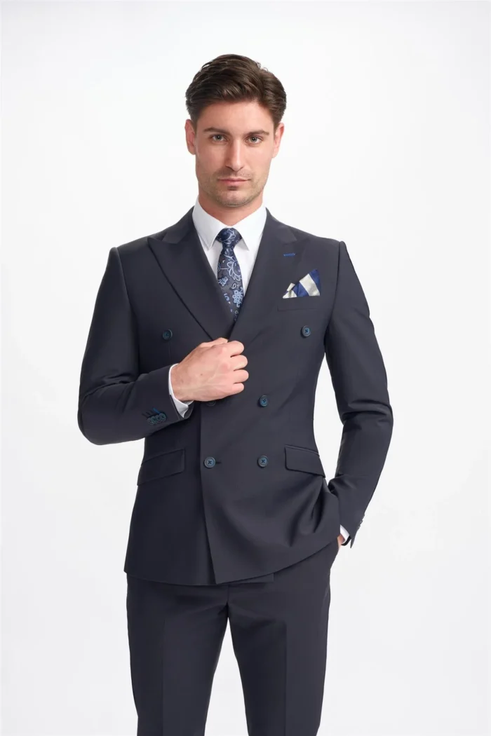 Men's Suit Dark Navy 2 Piece Double Breasted Tailored Fit Formal Wedding Dress - Image 1