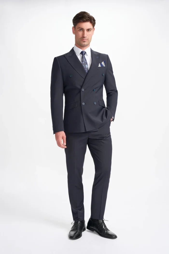 Men's Suit Dark Navy 2 Piece Double Breasted Tailored Fit Formal Wedding Dress - Image 2