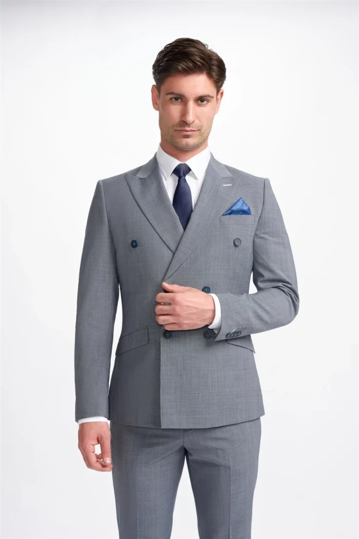 Men's Suit Grey 2 Piece Double Breasted Tailored Fit Formal Wedding Dress - Image 1