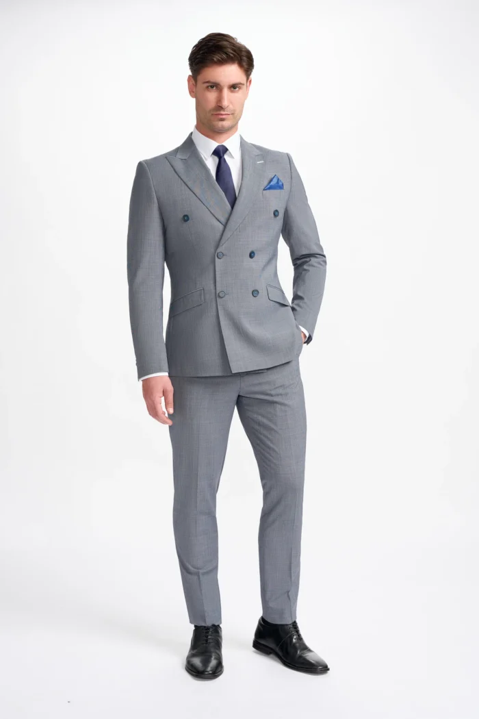 Men's Suit Grey 2 Piece Double Breasted Tailored Fit Formal Wedding Dress - Image 2