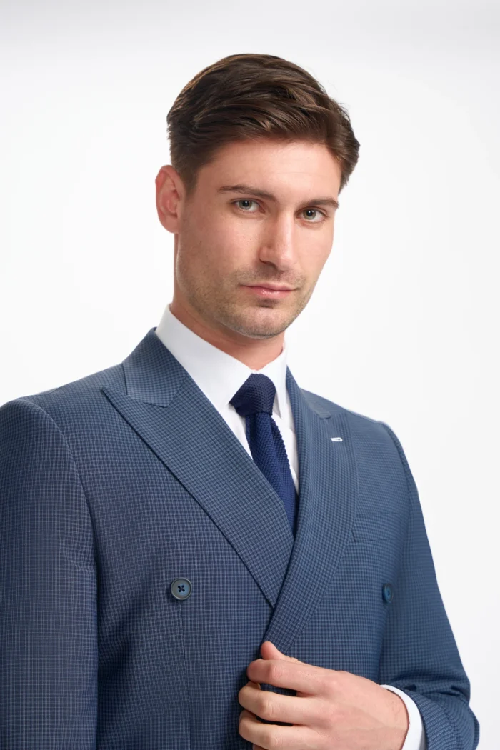 Men's Suit Navy Check 2 Piece Double Breasted Tailored Fit Formal Wedding Dress - Image 3