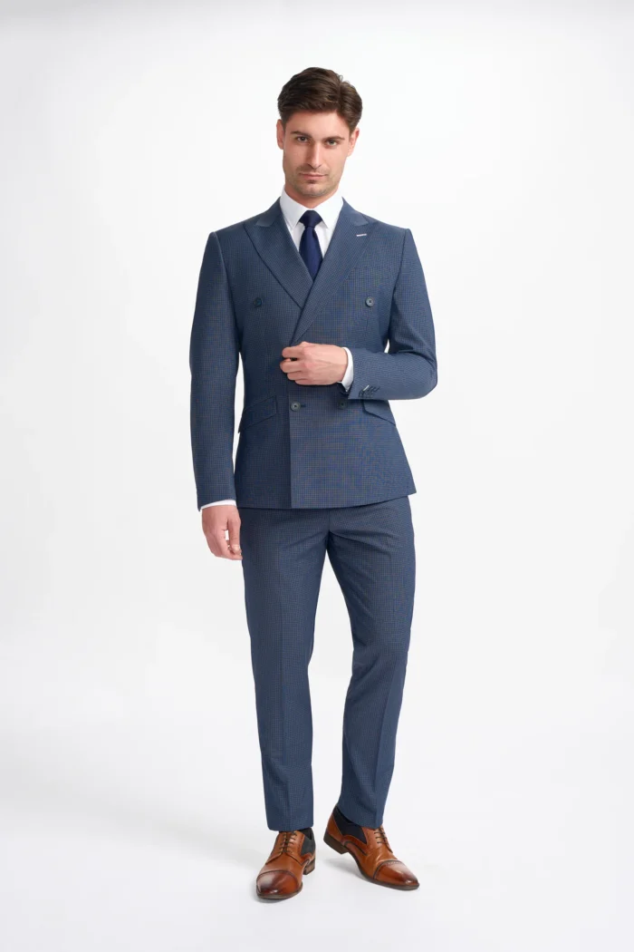 Men's Suit Navy Check 2 Piece Double Breasted Tailored Fit Formal Wedding Dress - Image 2