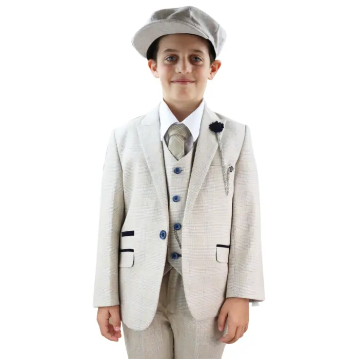 Boys 3 Piece Suit Tweed Cream Black Tailored Fit Wedding Blinders Classic - Image 3