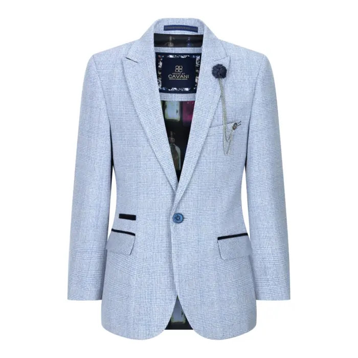 Boys 3 Piece Check Suit Tweed Light Blue Tailored Fit Wedding Peaky Classic - Image 9