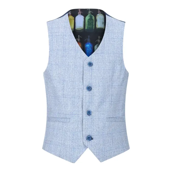 Boys 3 Piece Check Suit Tweed Light Blue Tailored Fit Wedding Peaky Classic - Image 7