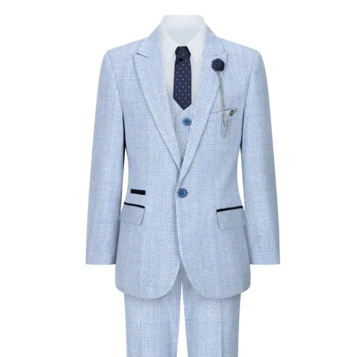 Boys 3 Piece Check Suit Tweed Light Blue Tailored Fit Wedding Peaky Classic - Image 1