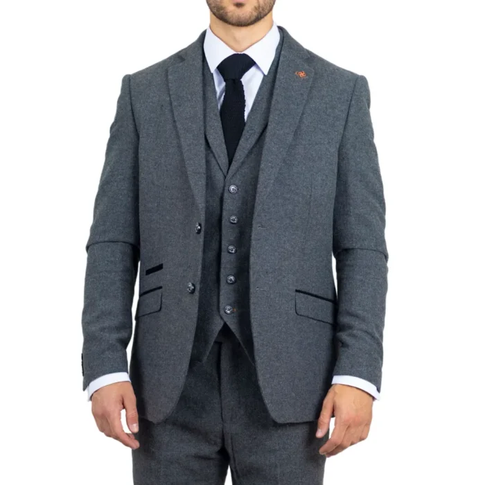 Men's Suit Grey 3 Piece Herringbone Tweed Wool Blend Classic Formal Dress - Image 1