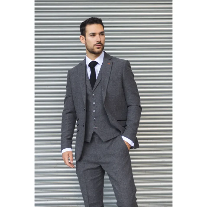 Men's Suit Grey 3 Piece Herringbone Tweed Wool Blend Classic Formal Dress - Image 2