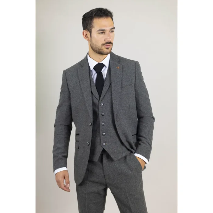 Men's Suit Grey 3 Piece Herringbone Tweed Wool Blend Classic Formal Dress - Image 3