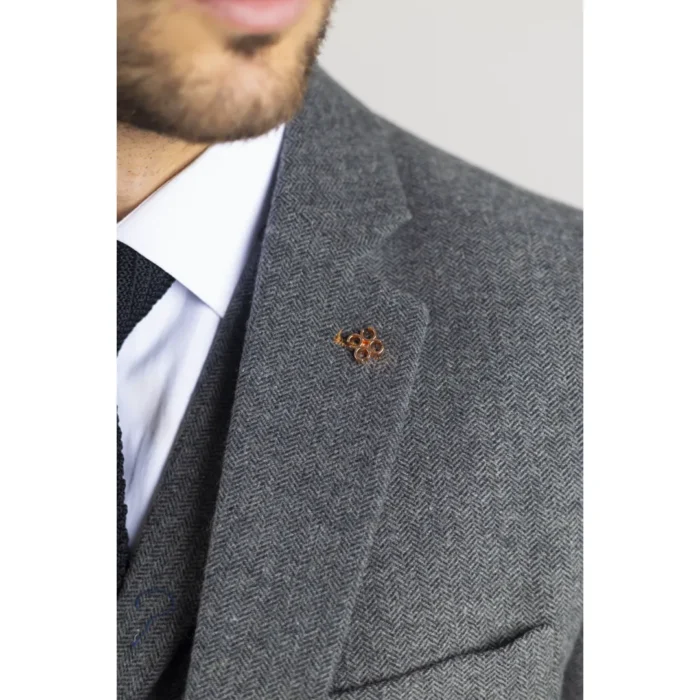 Men's Suit Grey 3 Piece Herringbone Tweed Wool Blend Classic Formal Dress - Image 4