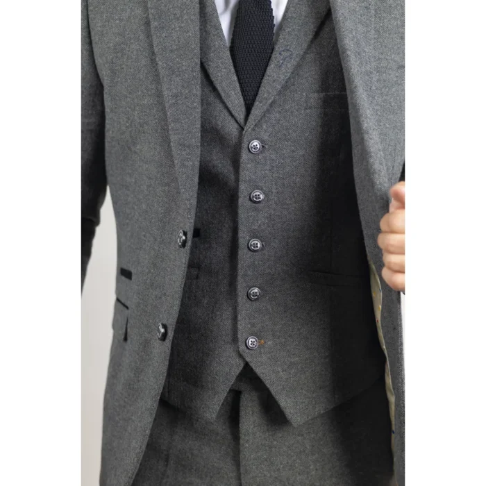 Men's Suit Grey 3 Piece Herringbone Tweed Wool Blend Classic Formal Dress - Image 5