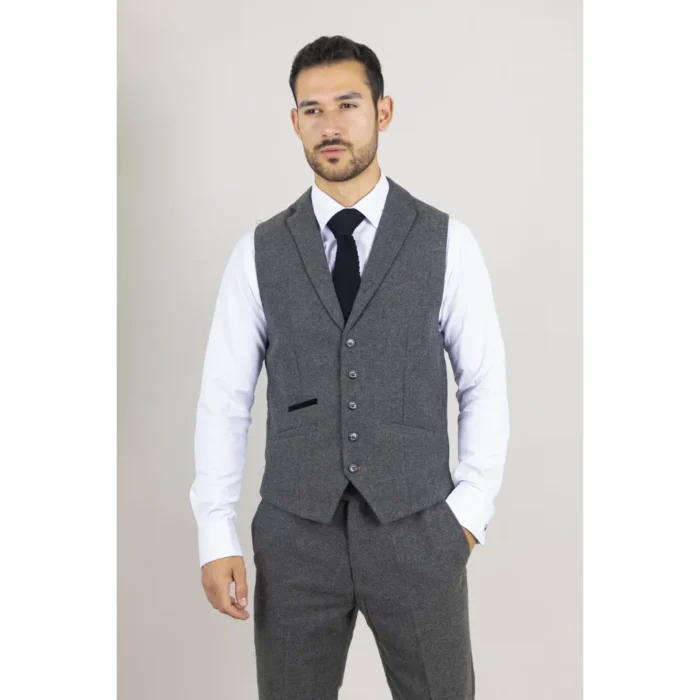 Men's Suit Grey 3 Piece Herringbone Tweed Wool Blend Classic Formal Dress - Image 6