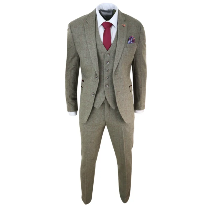 Mens Tweed Check Olive Green Wine Suit Tailored Fit Wedding - Image 2