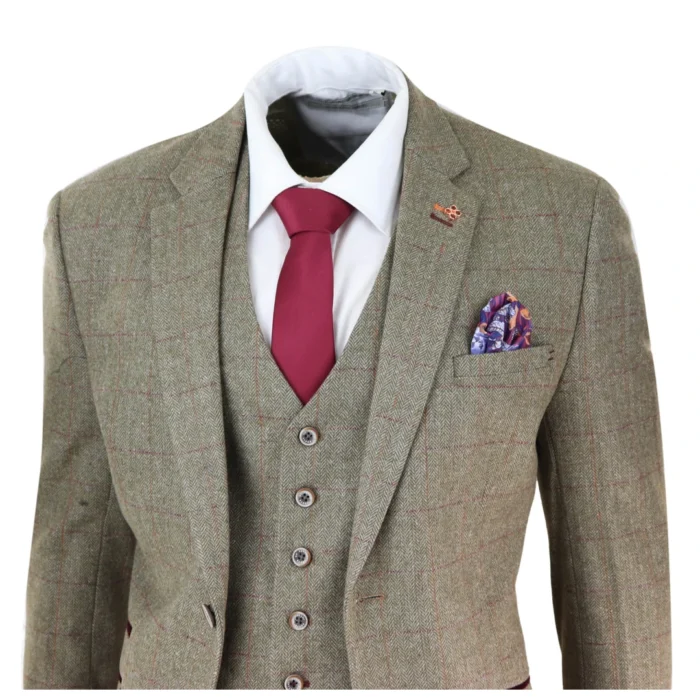 Mens Tweed Check Olive Green Wine Suit Tailored Fit Wedding - Image 3