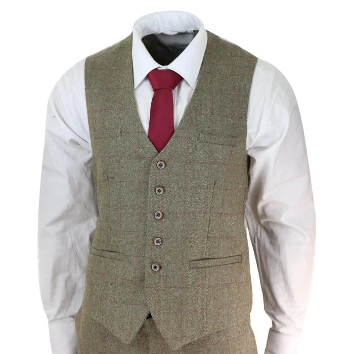 Mens Tweed Check Olive Green Wine Suit Tailored Fit Wedding - Image 5