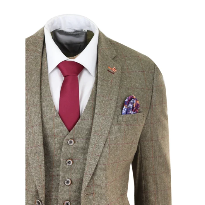 Mens Tweed Check Olive Green Wine Suit Tailored Fit Wedding - Image 4
