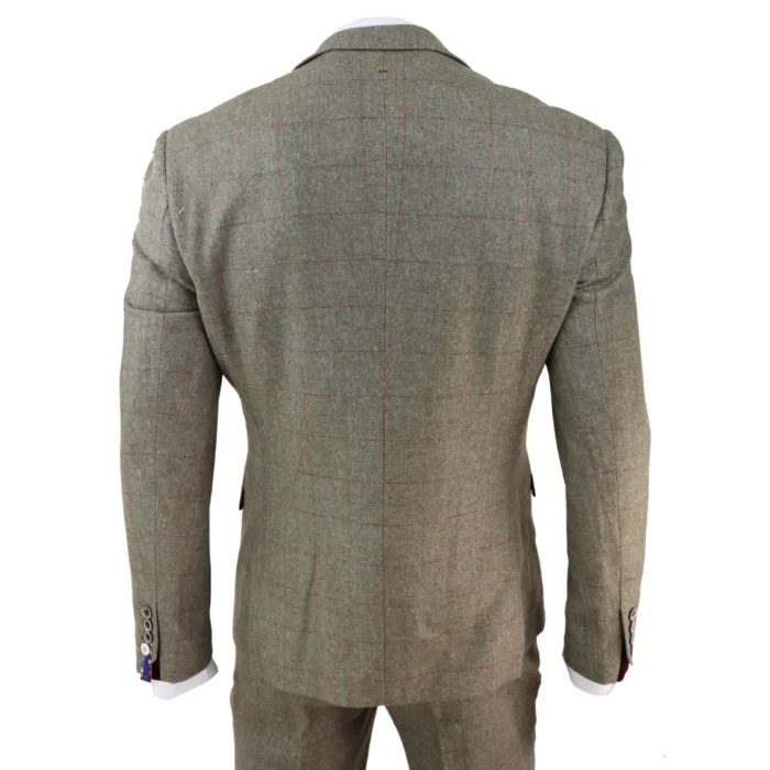 Mens Tweed Check Olive Green Wine Suit Tailored Fit Wedding - Image 6