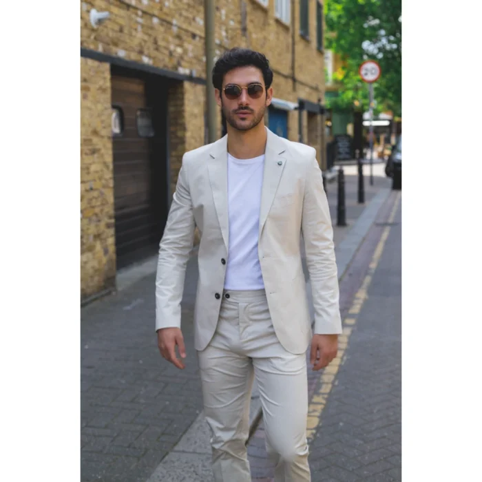 Mens 2 Piece Summer Suit Beige Office Wedding Smart Casual Classic Italian Tailored Fit - Image 3
